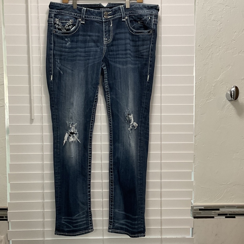 Vigoss Y2K Chelsea Boyfriend Distressed Mid-Rise Straight Leg Jeans - Dark Blue